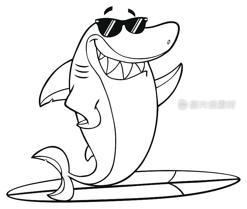 Black And White Smiling Shark Cartoon Mascot Character With Sunglasses Surfing And Waving